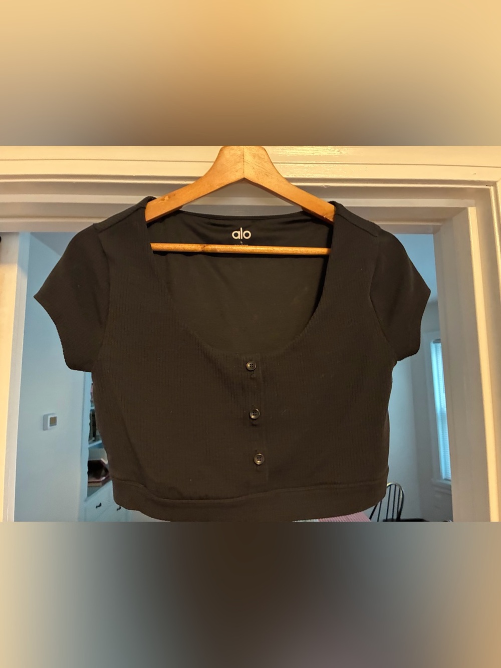 ALO Yoga Black Ribbed Button-Front Crop Tank